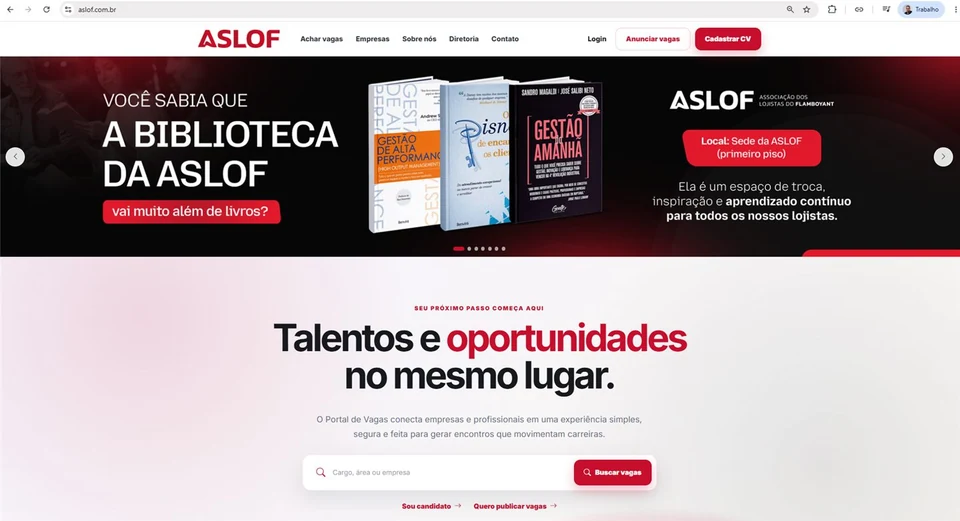 Tela do portal de vagas e gestão de lojistas da Aslof desenvolvido pela FGX
