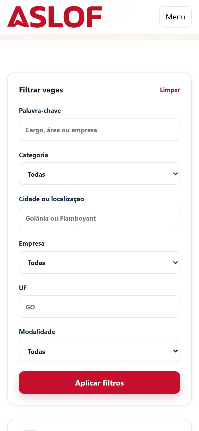ASLOF — Vagas com filtros · mobile