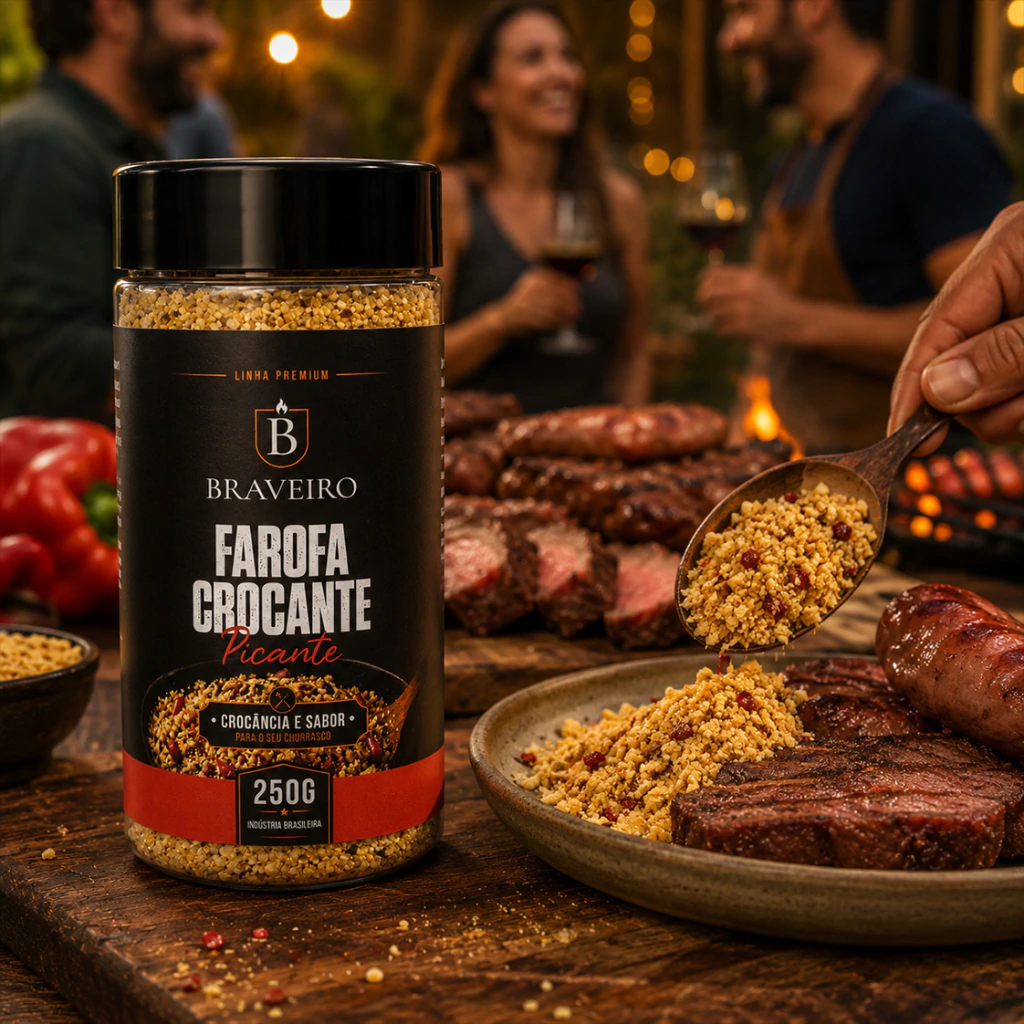 Braveiro · Marca — Assinatura no rótulo · Farofa picante