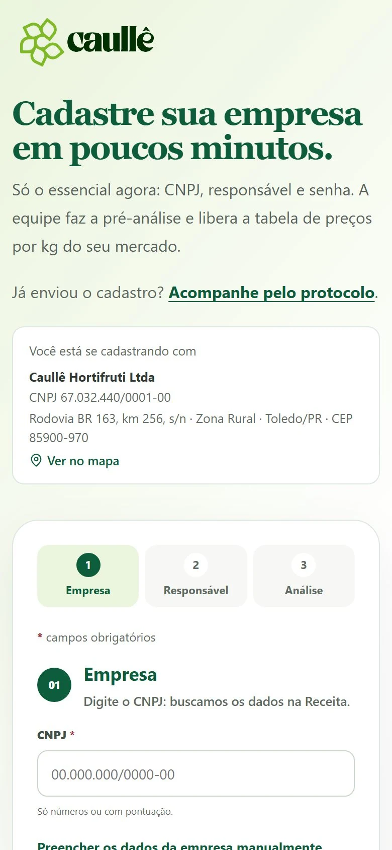 Caullê Hortifruti — Cadastro da empresa