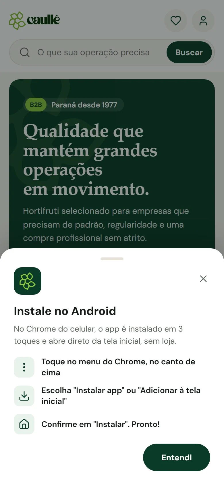 Caullê Hortifruti — Instalação no Android