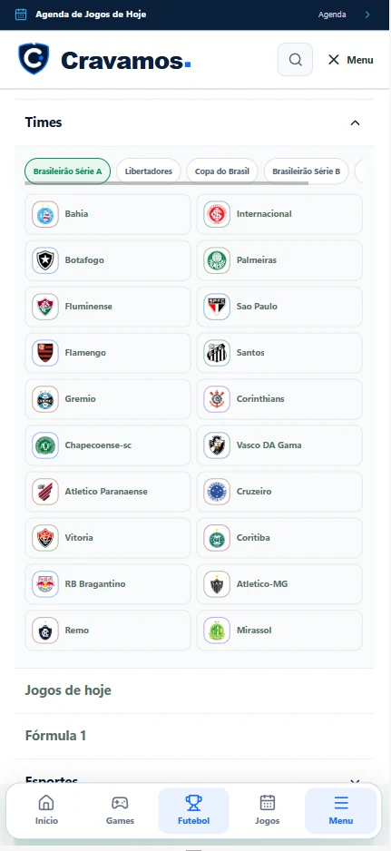 Portal Cravamos — Menu de times por competição · mobile