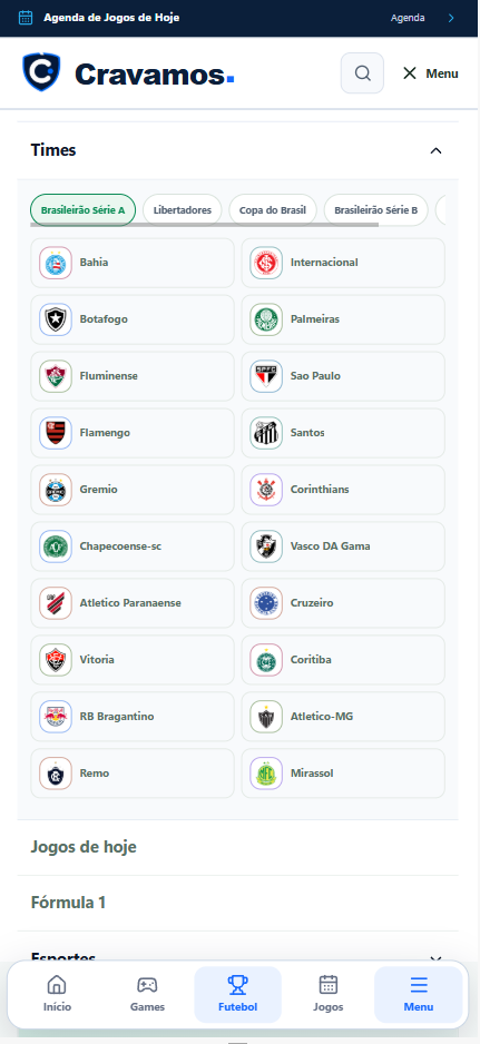Cravamos — Menu de times por competição · mobile