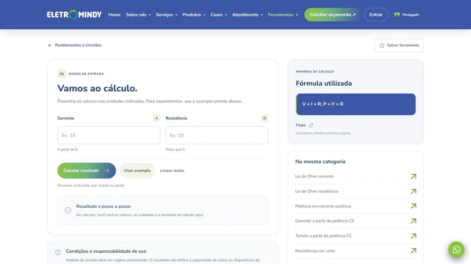 Eletromindy — Calculadora Lei de Ohm · desktop