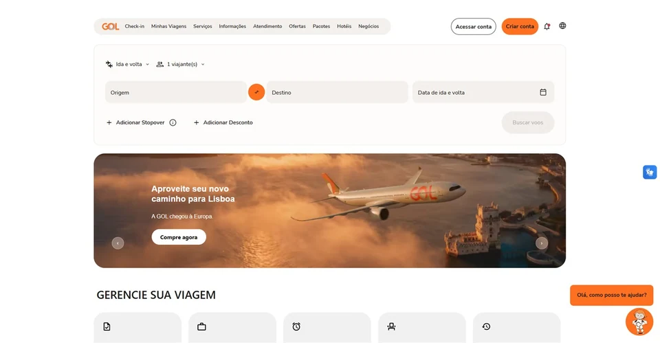 GOL Linhas Aéreas — página inicial no computador