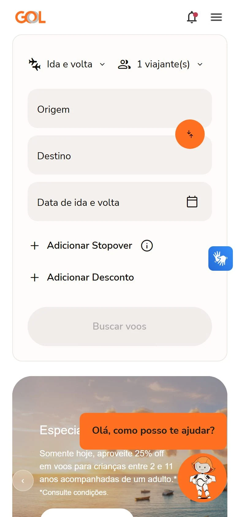 GOL Linhas Aéreas — página inicial no celular