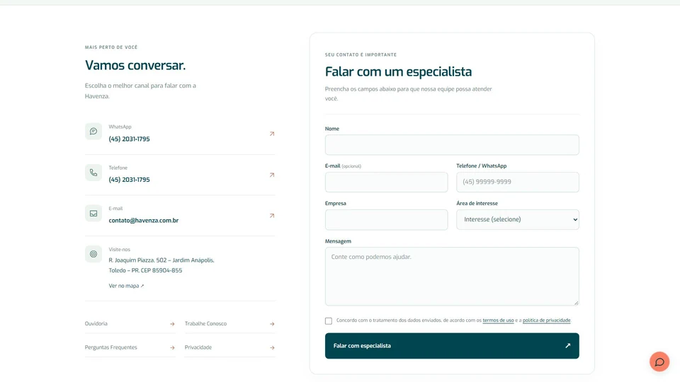 Havenza — Falar com especialista · desktop