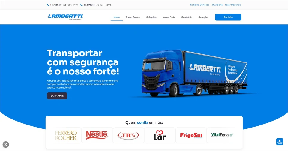 Tela do site institucional da Lambertti Logística desenvolvido pela FGX