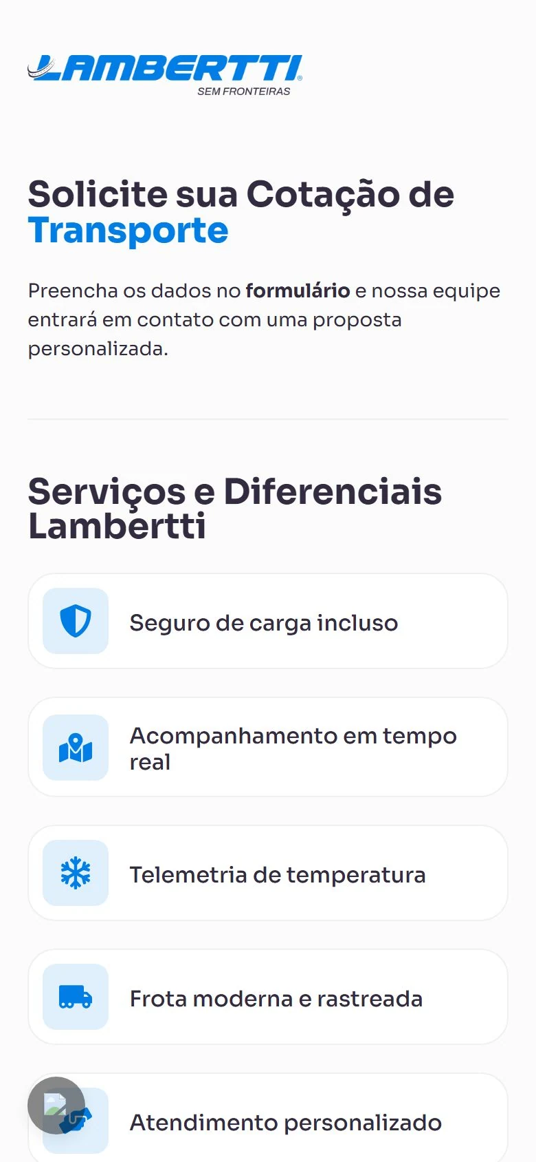 Lambertti Logística — Cotação de transporte · mobile