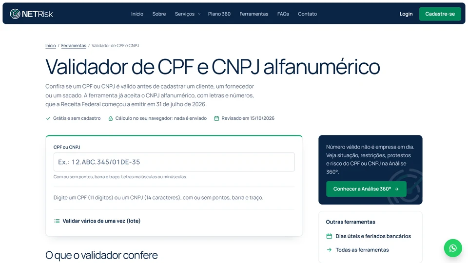 NET Risk — Validador de CPF e CNPJ · desktop
