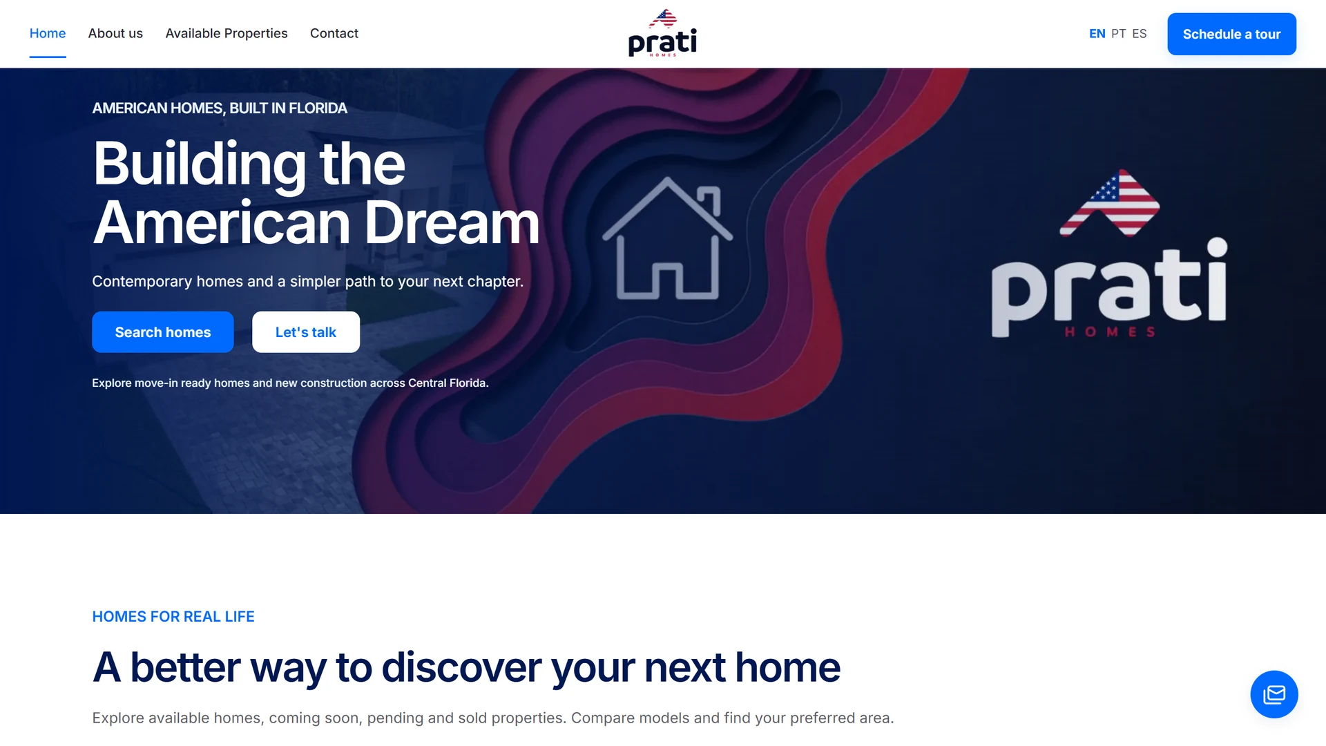 Prati Homes — página inicial no computador