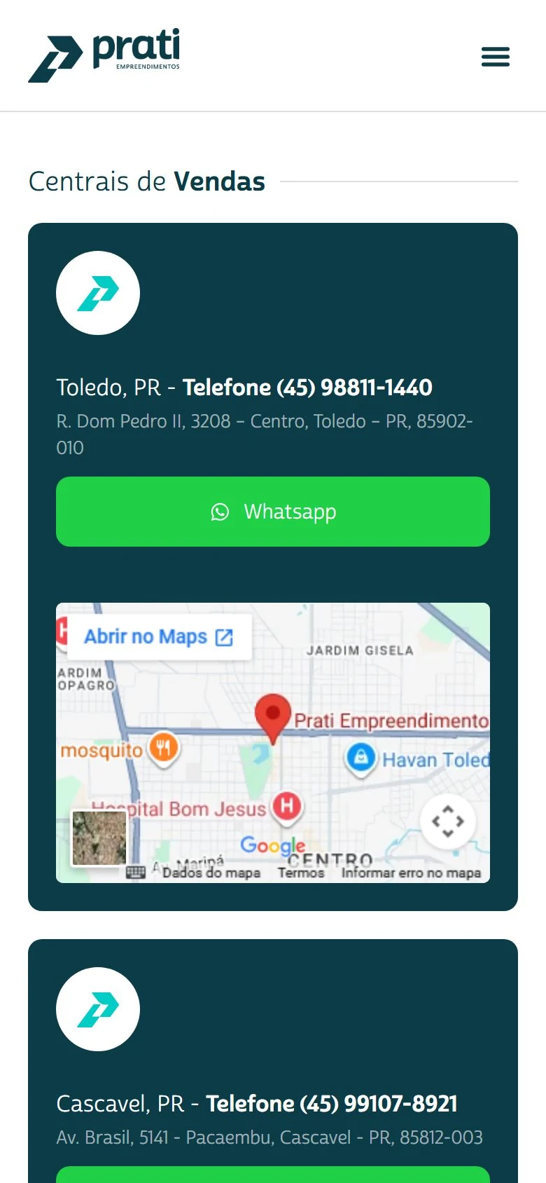 Prati Empreendimentos — Centrais de vendas · mobile