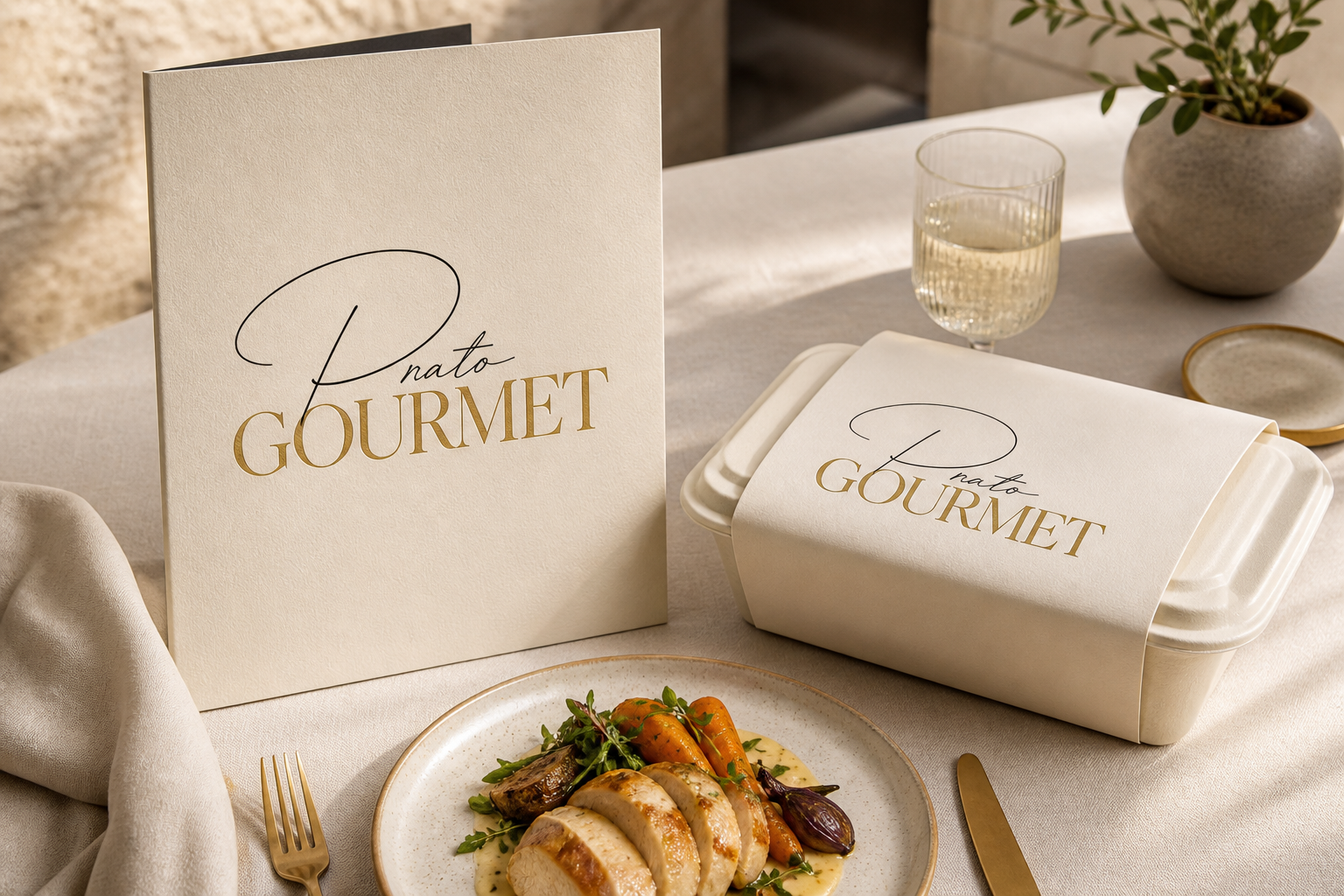 Prato Gourmet · Marca — Aplicação ilustrativa da identidade visual