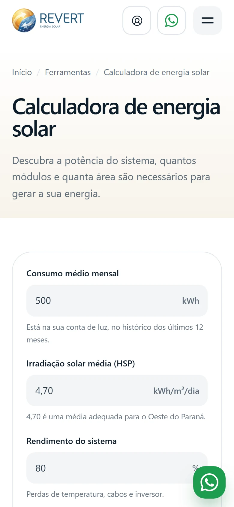 Revert Energia Solar — Calculadora de energia solar · mobile