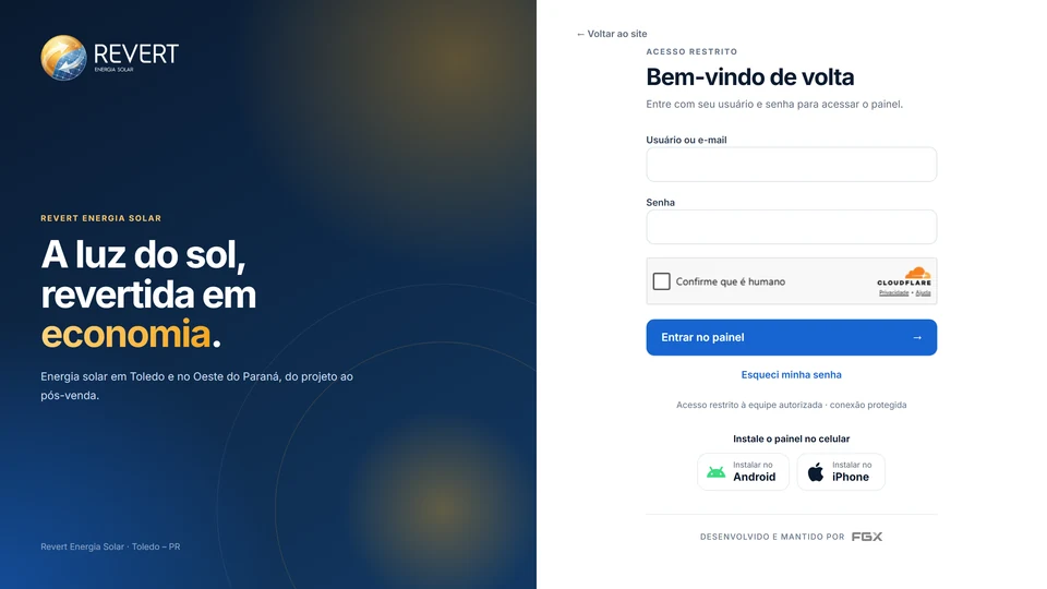 Revert Energia Solar — Acesso da equipe · desktop