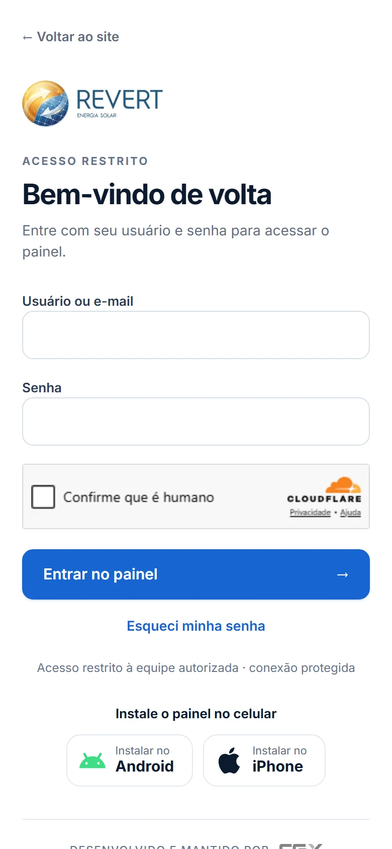 Revert Energia Solar — acesso ao painel no celular