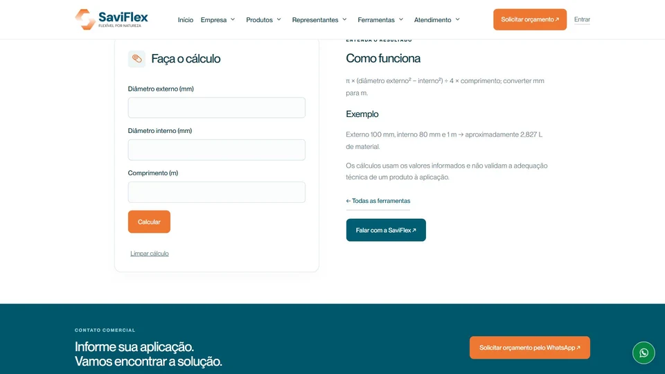 SaviFlex — Calculadora de volume de tubo · desktop