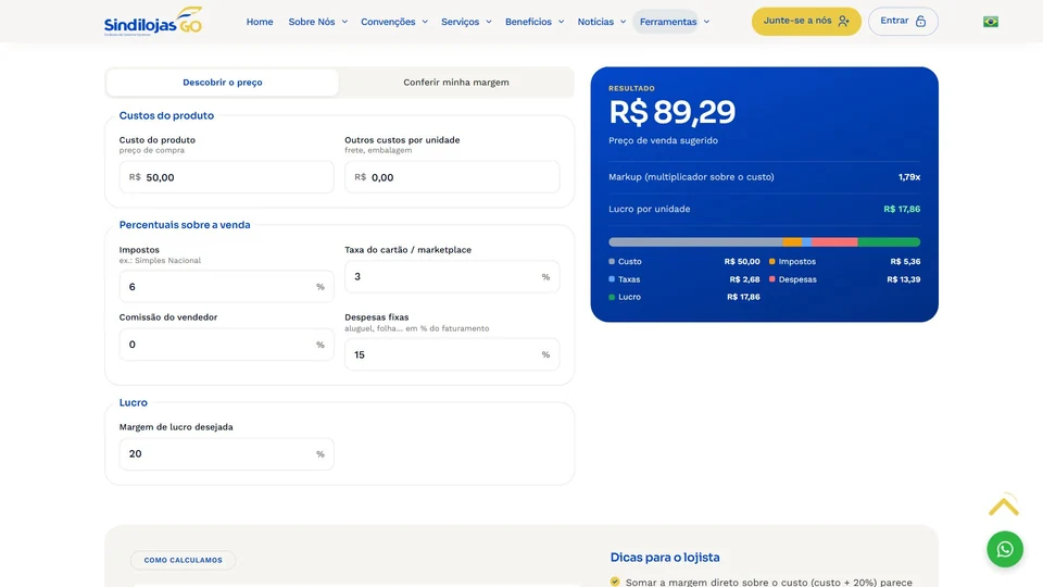 Sindilojas GO — Calculadora de preço de venda · desktop