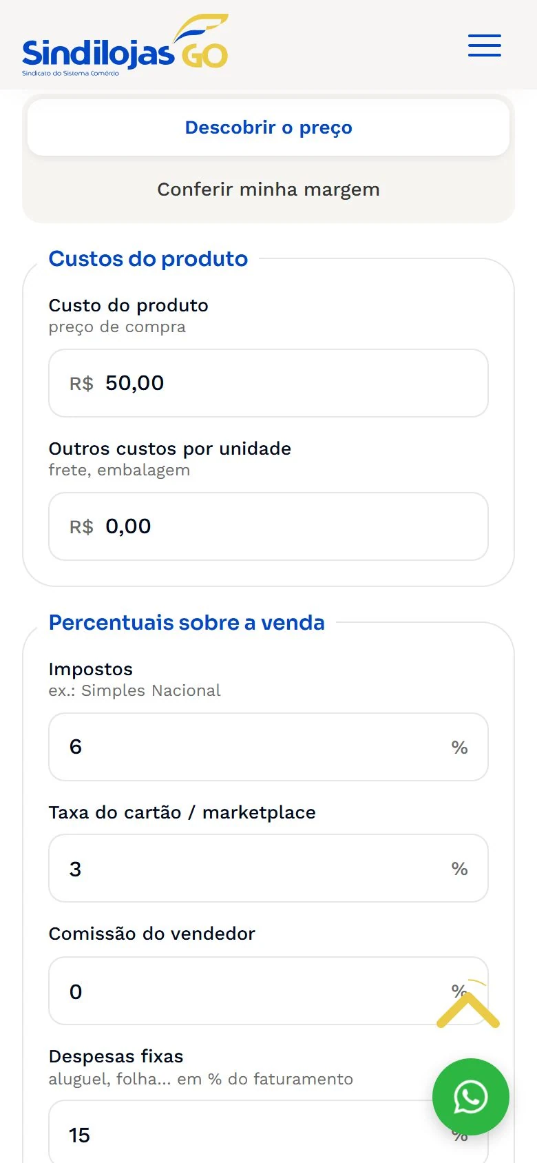 Sindilojas GO — Calculadora de preço · mobile