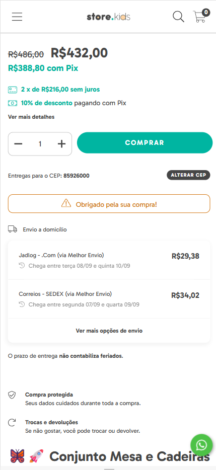 Store Kids — Etapa de compra apresentada