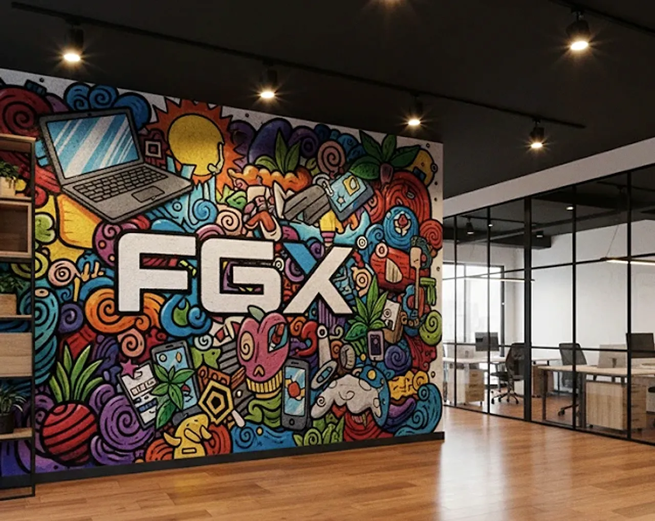 FGX mural with technology and creative illustrations