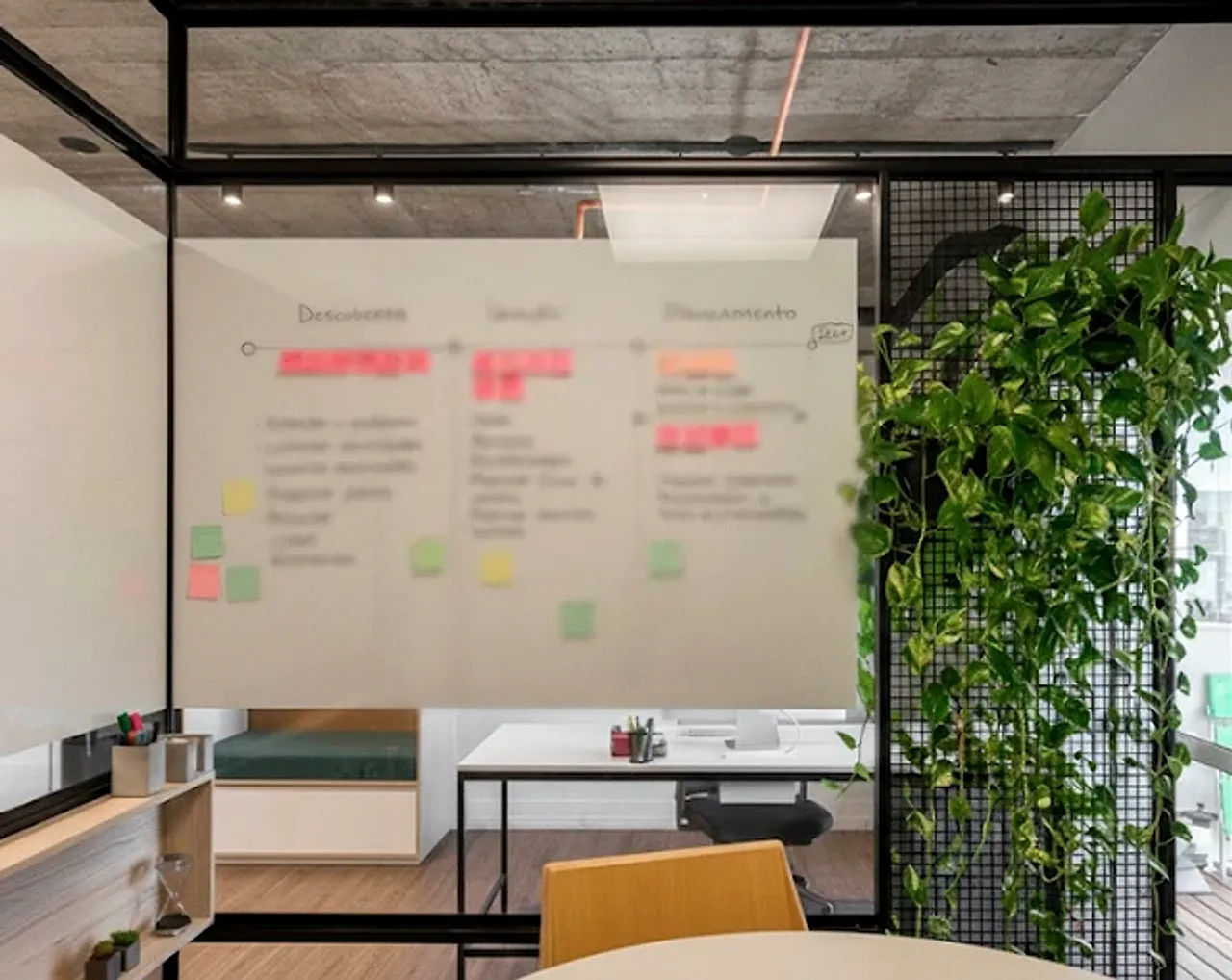 Planning room with a glass board and sticky notes